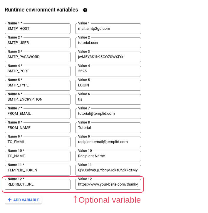 List of custom variables in the Google Cloud function