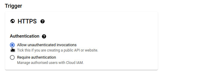 Authentication settings for the function in the Google Cloud console