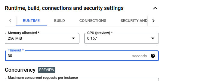 Timeout setting for the function in the Google Cloud console