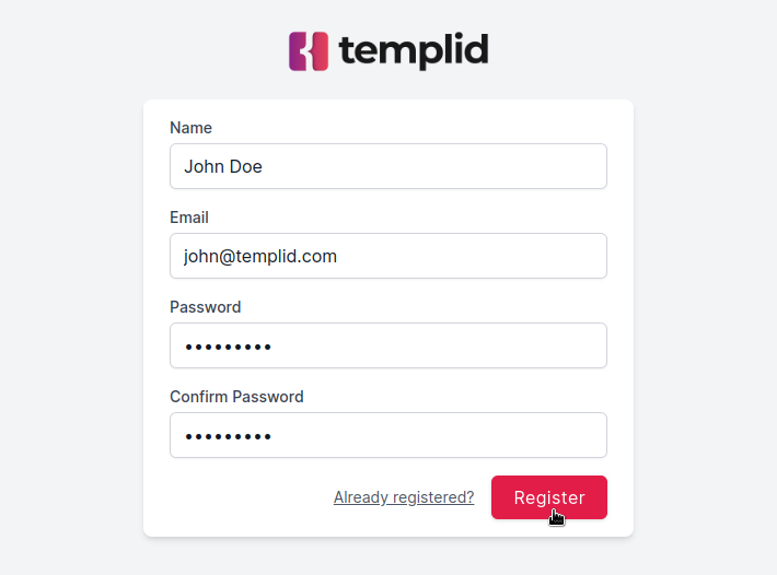 Fill the registration form on Templid