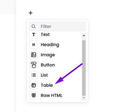 Table component in the visual email builder