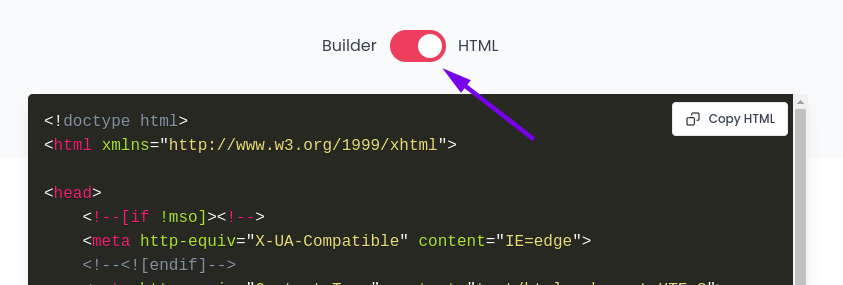 Switch between visual builder and HTML