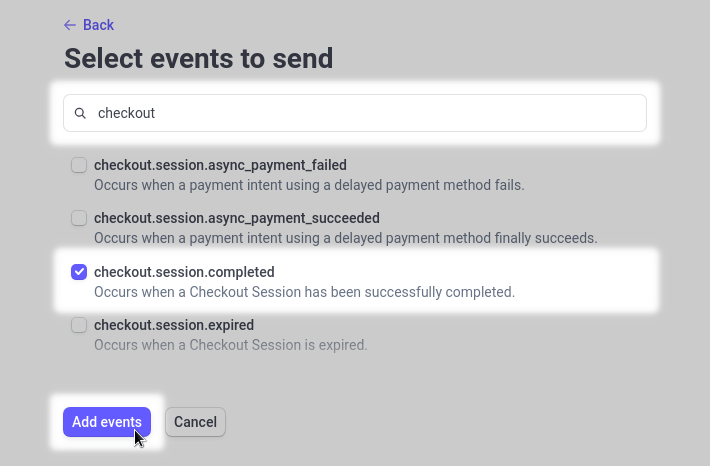 Select the "checkout.session.completed" event from the list